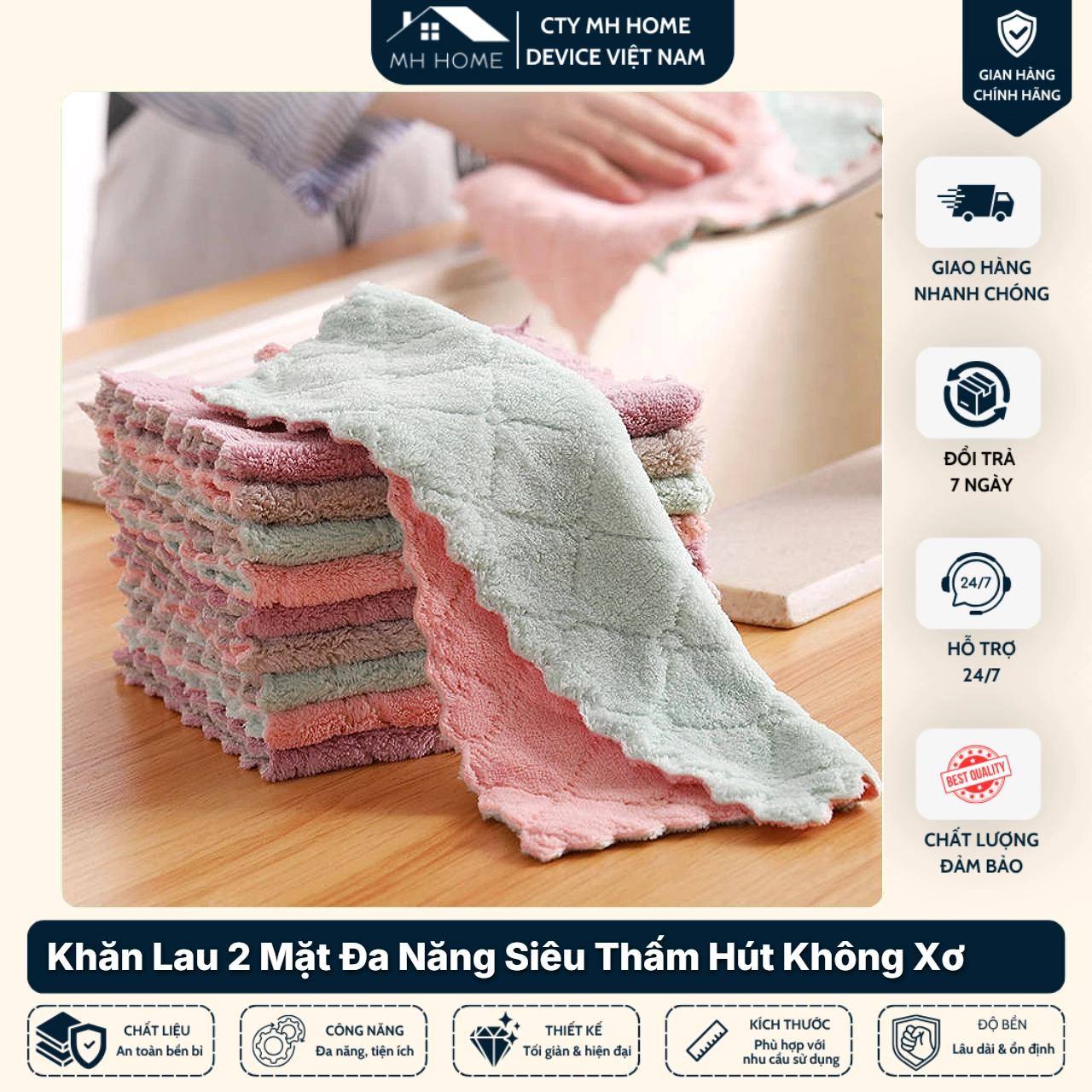 Combo 10 Khăn Lau 2 Mặt Đa Năng 17x26cm Siêu Thấm Hút Không Xơ Lau Bếp, Ô Tô, Bàn Thờ | MH Home